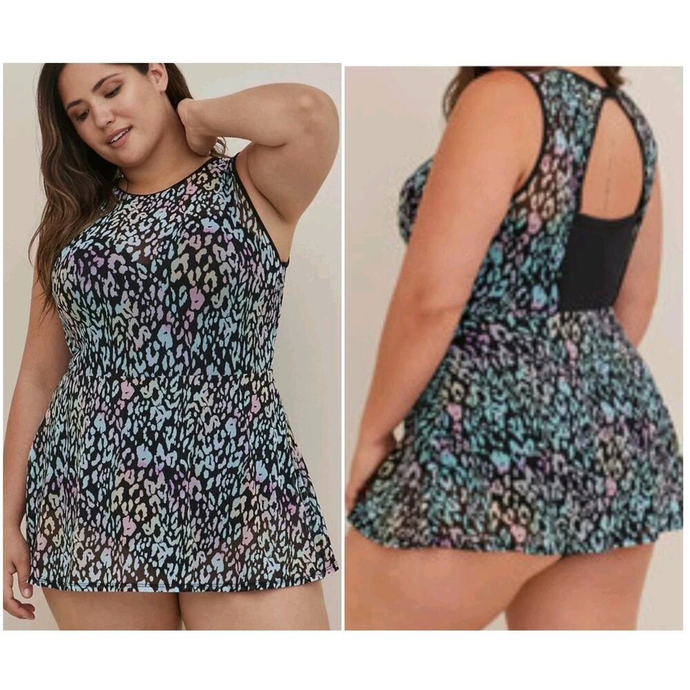 Torrid New Underwire Animal Leopard Mesh Overlay Dress Swimsuit Size 0X D/DD